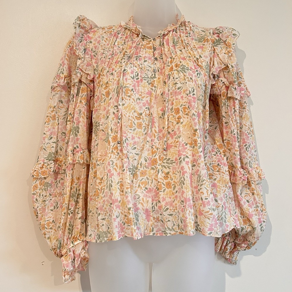NWT Karlie Floral Blouse Sz S  Puff Balloon Sleeve Boho Cottage Ruffle Crinkle